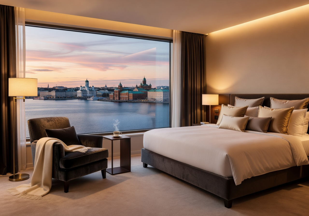 Cozy yet luxurious room overlooking Helsinki Harbor