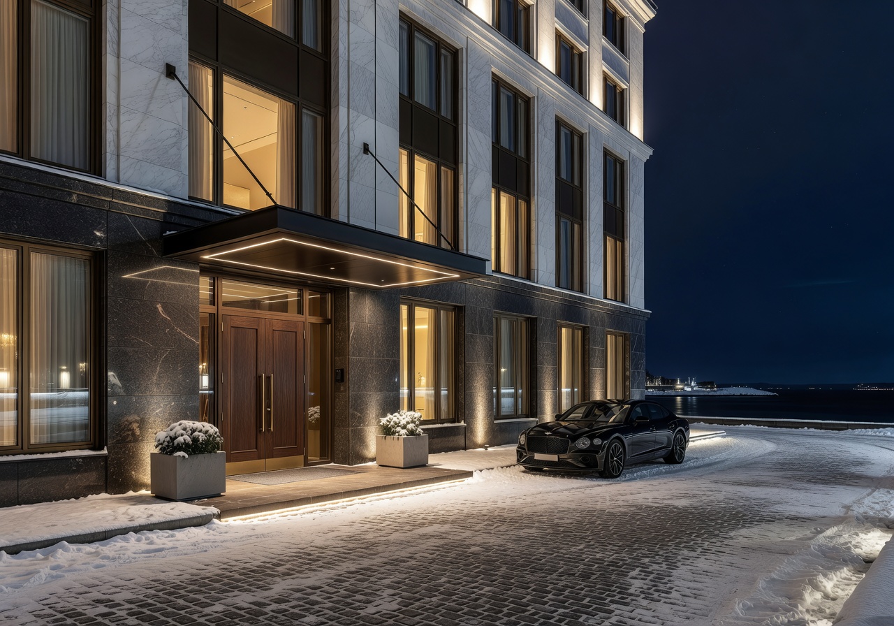 Stunning exterior of a luxury hotel in Helsinki at night