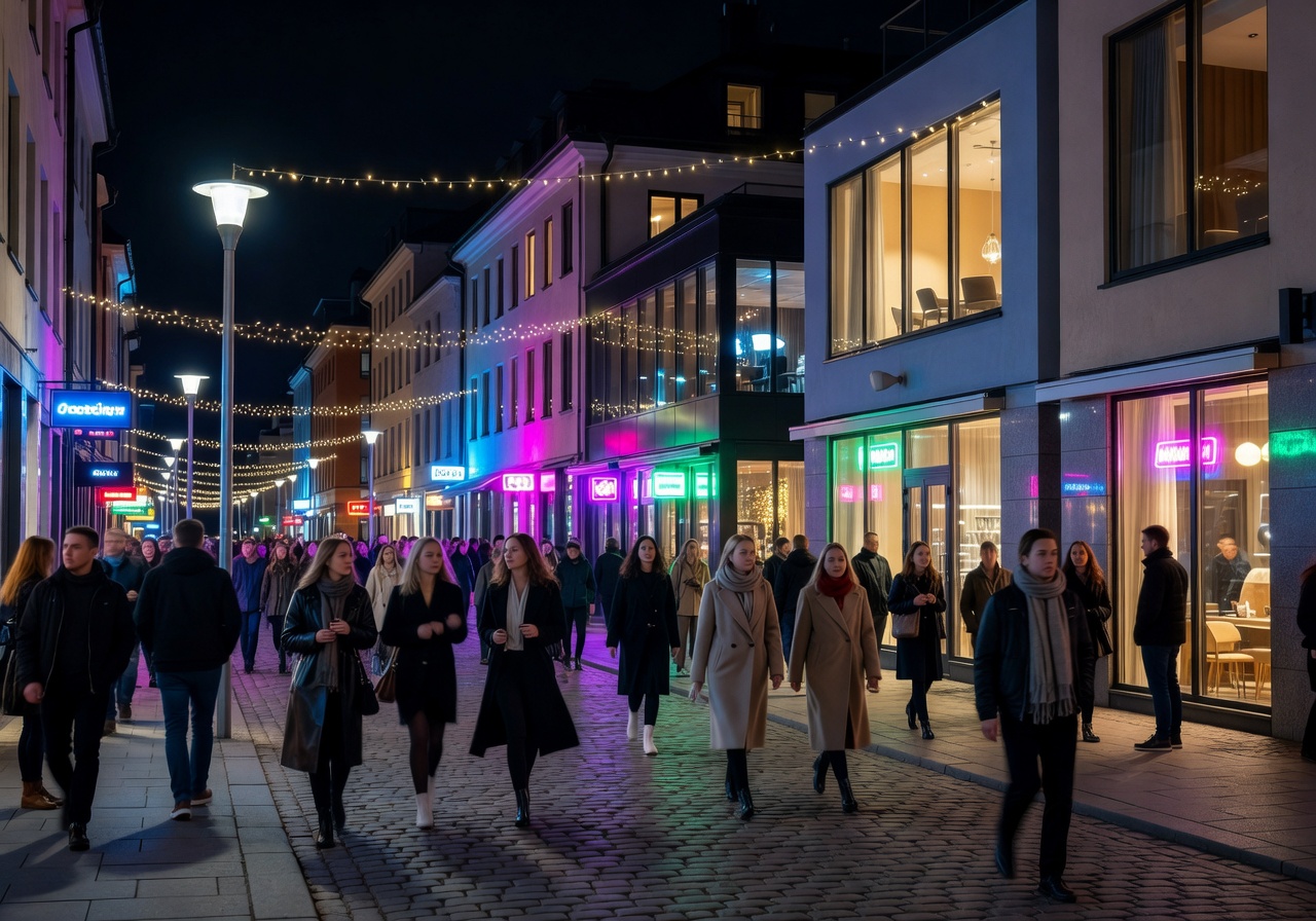 Vibrant nightlife street in Helsinki's design district
