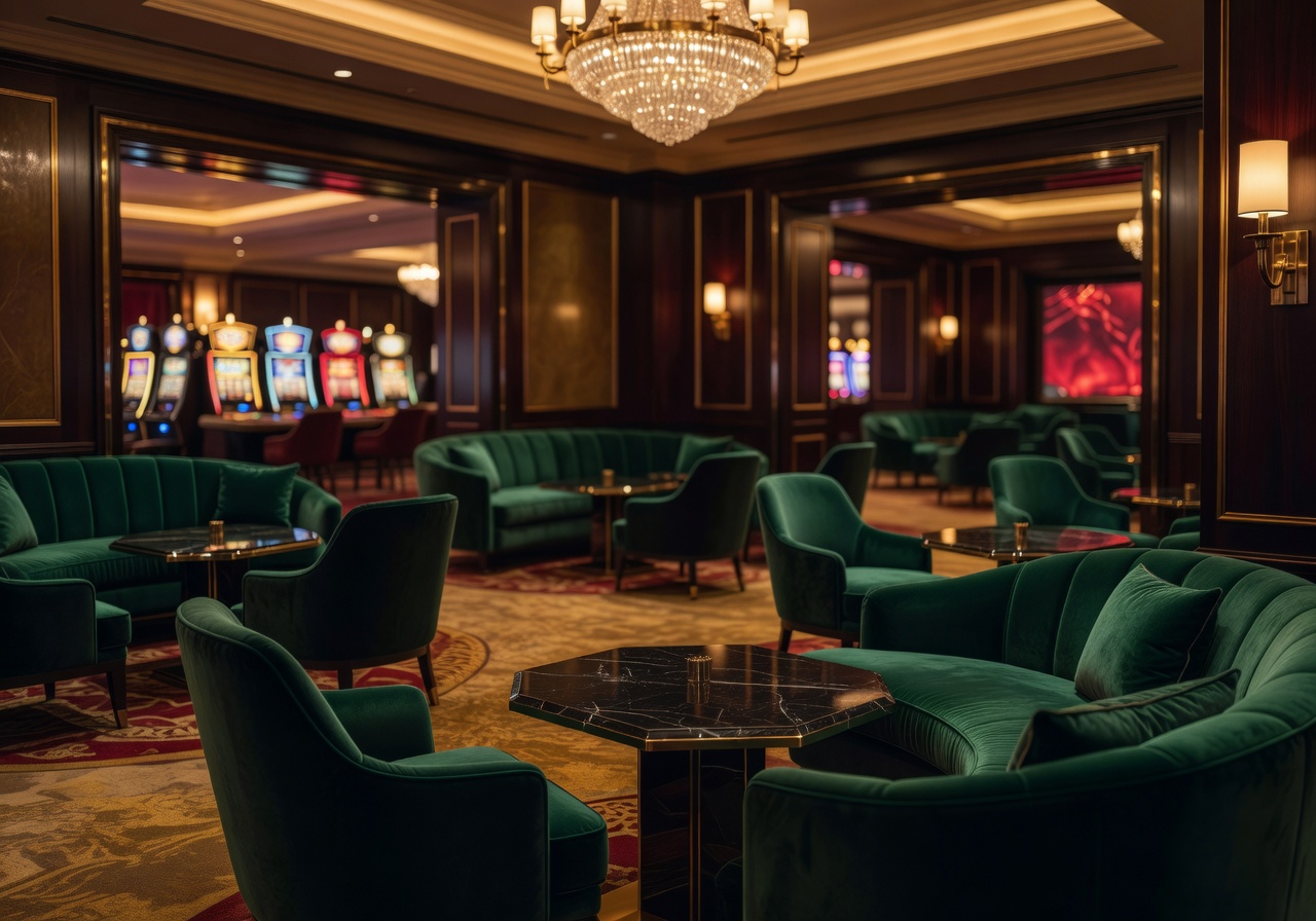 Interior view of a luxury hotel casino lounge with velvet seating